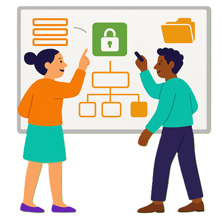 Microsoft 365 Beratung - Zwei Personen vor einem Whiteboard die über die Strategie und Struktur sprechen
