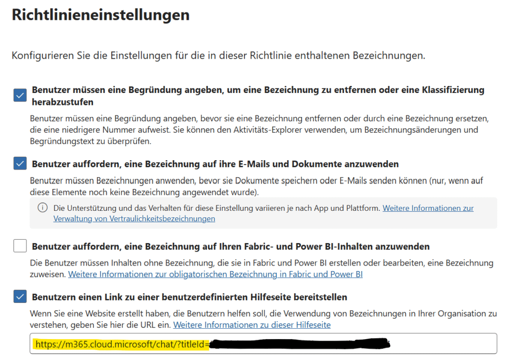 Hinterlegen eines Links auf den Agenten in der Richtlinieneinstellung in Purview